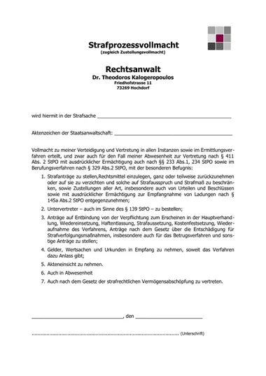 Vorschau der ersten Seite: Vollmacht Strafrecht