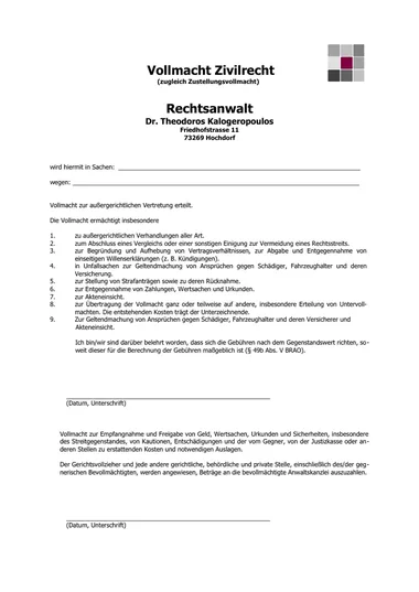 Vorschau der ersten Seite: Vollmacht Zivilrecht